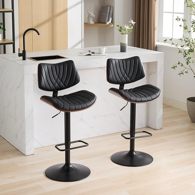 Modern Mid Century Adjustable Counter Height Leather Upholstered 360°Swivel Bar Chairs for Kitchen Island/Dining Room/Cafe, 2 Chair