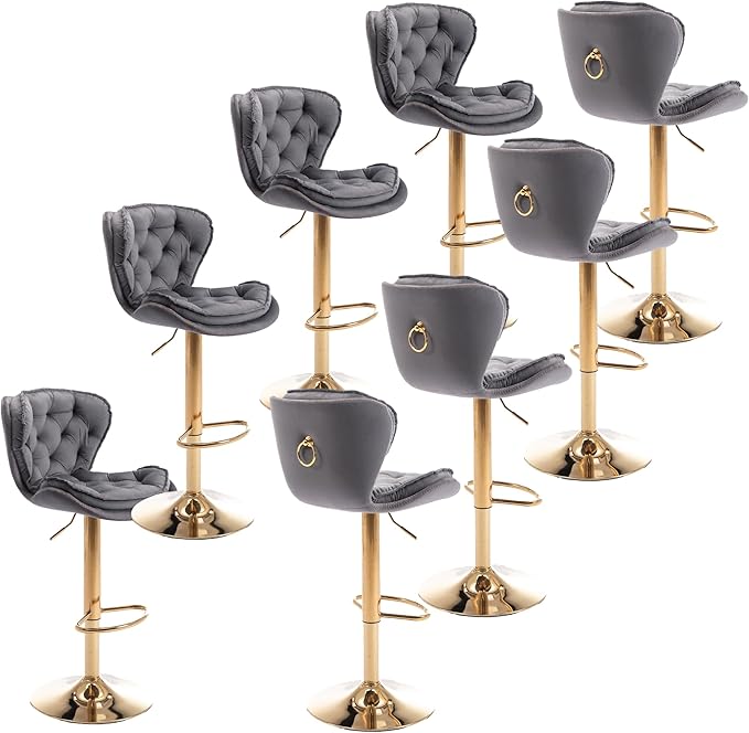 Rhomtree 24-33 Inch Swivel Bar Stools, Adjustable Counter Height Barstools, Velvet Tufted Back and Golden Footrest, Bar Chairs Kitchen Island, Cafe, Bar Counter, Dining Room, Coffee(Grey Set of 8)