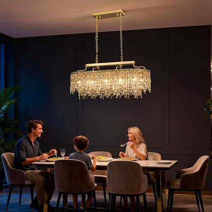 12-Lights Modern Gold Crystal Chandeliers for Dining Room Light Fixtures Over Table | L36" Luxury Crystal Chandeliers for Kitchen Island | Oval Hanging Lighting for Living Room Bedroom Bathroom