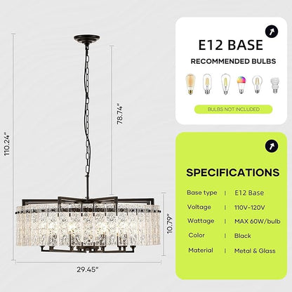 Black Crystal Chandeliers for Dining Room 10-Light, 29.5” Modern Water Ripple Glass Light Fixture, Farmhouse Round Lighting for Kitchen Island, Bar Table