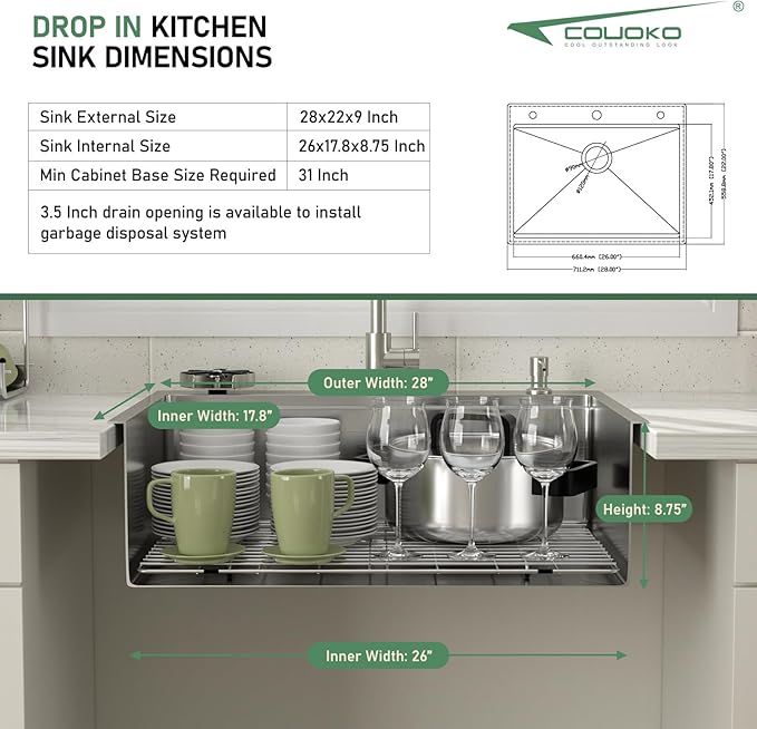 28x22 Drop In Kitchen Sink with Faucet Combo Workstation 16 Gauge Stainlee Steel Single Bowl Kitchen Sinks Large Deep Round Corner Handmade Overmount Topmount Sink Basin