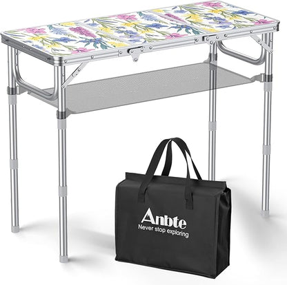 Anbte 3ft Folding Camping Table with Storage Net & Bag, 3 Adjustable Height Max 27.5" Outdoor Folding Table Lightweight, Portable Handle for Outdoor Indoor Camping Beach RV Picnic, Blooming Floral