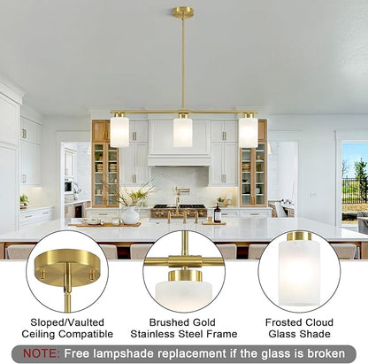 3-Light Gold Kitchen Island Lighting 31" Pendant Light with Milk Glass Shade Adjustable Height Linear Chandelier for Dining Room Modern Farmhouse Light Fixture Over Table Bar Living Room Foyer, E26