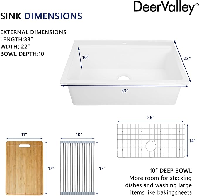 DeerValley 33 inch Workstation Kitchen Sink White Fireclay Undermount Farmhouse Sinks Single Bowl Deep Drop-in Modern Sink with Workstation Accessories