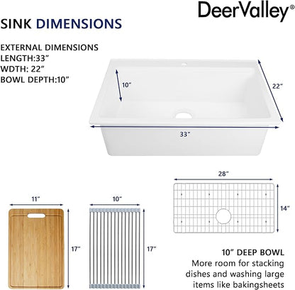 DeerValley 33 inch Workstation Kitchen Sink White Fireclay Undermount Farmhouse Sinks Single Bowl Deep Drop-in Modern Sink with Workstation Accessories
