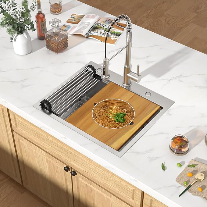 25 Inch Drop In Stainless Steel Kitchen Sink, 16 Gauge Single Bowl Workstation 3-Hole Sink with Mixing Bowl, Pasta Strainer #TLT-0047