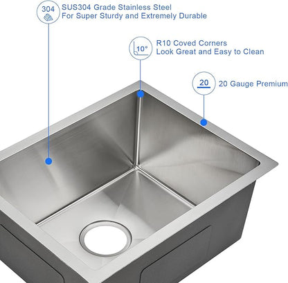 MENATT 23-Inch Undermount Kitchen Sink, 18 Gauge Stainless Steel Handmade Overmount Single Bowl Kitchen Sink - 9 Inch Deep Bowl Bar/Prep Sink Brushed, D23"x W16"x H9"