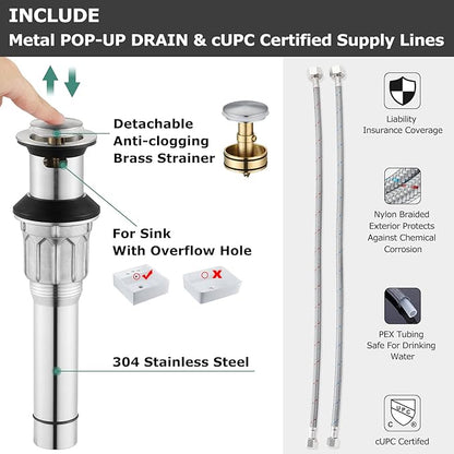 PARLOS Widespread 2 Handles Bathroom Faucet with Metal Pop Up Sink Drain and cUPC Faucet Supply Lines, Brushed Nickel, Demeter 13647