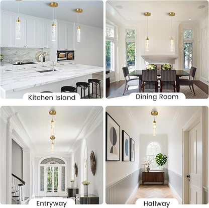 Pendant Lights Kitchen Island 3 Pack, Modern Mini Pendant Light Fixtures with Crystal Stone, Dimmable LED Chandelier, Gold Hanging Light Fixture for Dining Room Hallway, 3000-5000K Adjustable, ETL