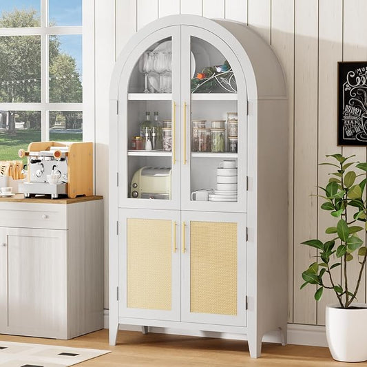 63” Tall Arched Kitchen Pantry Cabinet, 5-Tier Modern Farmhouse Flute Pantry with Adjustable Shelves, Kitchen Storage Cabinet for Kitchen, Dining Room, Living Room, White