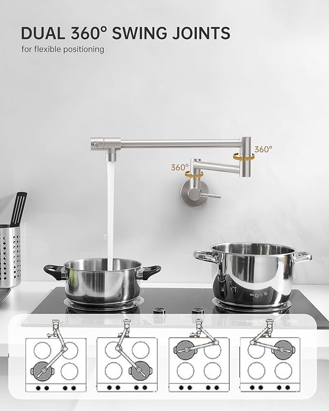 Fransiton Brushed Nickel Pot Filler, Pot Filler Faucet Wall Mount, Brass Folding Stretchable with Double Joint Swing Arm Single Hole Two Handles Kitchen Restaurant