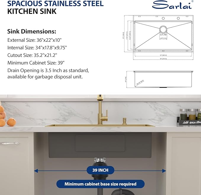 Sarlai 36 Gold Drop In Sink - 36x22 Inch Drop In Kitchen Sink Gold Ledge Workstation Sinks 16 Gauge Stainless Steel Single Bowl Topmount Sinks Basin