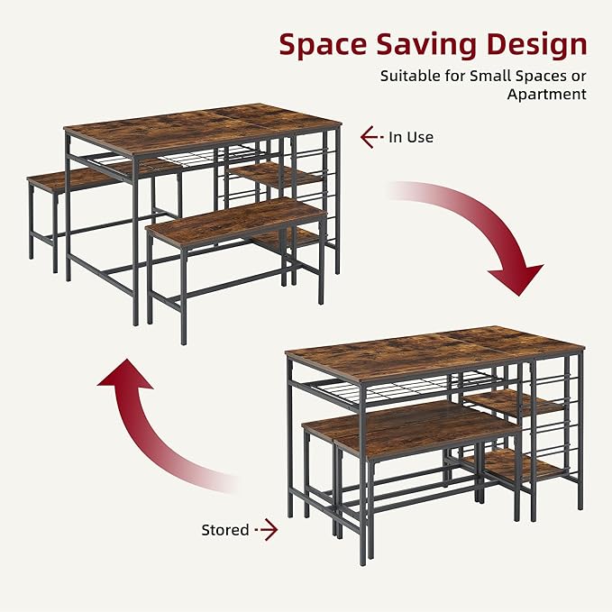 Garvee Dining Table Set for 4, Kitchen Table Set for 4 with 2 Benches, 3 Piece Dining Room Table Set for Small Space Apartment, Retro Brown