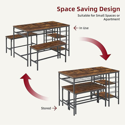 Garvee Dining Table Set for 4, Kitchen Table Set for 4 with 2 Benches, 3 Piece Dining Room Table Set for Small Space Apartment, Retro Brown