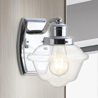 JONATHAN Y 7" Chrome 1-Light Schoolhouse LED Vanity Light, Mid-Century Wall Sconce for Bathroom Kitchen Hallway, Clear Glass Shade, 2700K LED Bulb Included JYL3530A