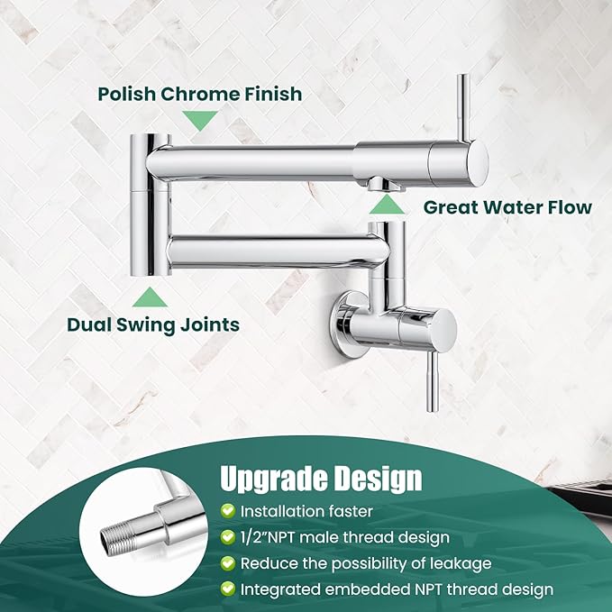 Heyalan Pot Filler 19 Inch Wall Mount Folding Stretchable Kitchen Restaurant Faucet Stainless Steel Pot Filler Double Joint Swing Arm Two Handles Commercial NPT,Straight Handle,Polish Chrome