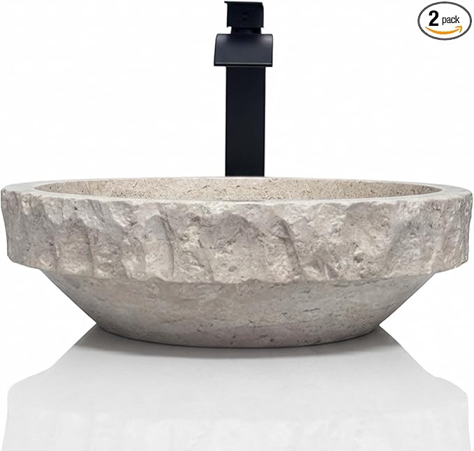 Shades of Nature Round Travertine Vessel Sink, Natural Stone Wash Basin, Hand-Carved Bathroom Sink, Chiseled Exterior, Polished Interior, Above Counter Vanity (Soap Tray Included)