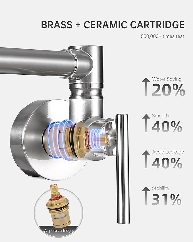 Fransiton Pot Filler, Brushed Nickel Pot Filler Faucet Wall Mount, Brass Folding Stretchable with Double Joint Swing Arm Single Hole Two Handles Kitchen