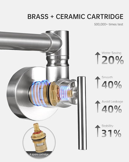 Fransiton Pot Filler, Brushed Nickel Pot Filler Faucet Wall Mount, Brass Folding Stretchable with Double Joint Swing Arm Single Hole Two Handles Kitchen