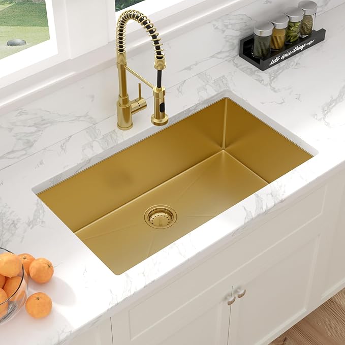 Sarlai 32 Inch Gold Undermount Kitchen Sink - 32 x 19 Inch Kitchen Sink Undermount Gold Stainless Steel Single Bowl Under-Mount 16 Gauge Sinks Under Counter Round Corner Basin