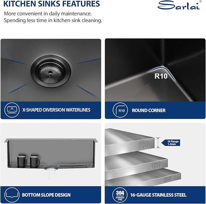 Sarlai 33 Black Kitchen Sink Drop In - 33x22 Inch Kitchen Sink Topmount Gunmetal Black 16 Gauge Stainless Steel Single Bowl Above Counter Rectangular Sinks Basin