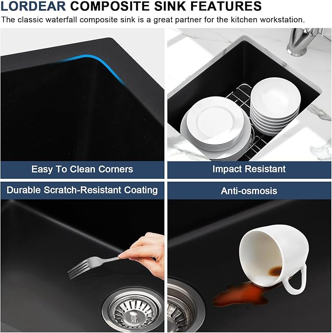 Lordear 15 Black Bar Sink Composite Granite - 15x18 Inch Black Undermount Sinks Small Granite Composite Quartz RV Wet Bar Camper Mobile Home Sink Basin