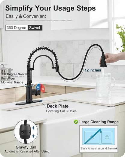 3-Function Kitchen Faucets with Pull Down Sprayer, 1 Hole or 3 Hole Kitchen Faucet Black, 1 Handle Kitchen Sink Faucets, 360 Degree Swivel Stainless Steel Faucet for Kitchen Sink with Deck Plate