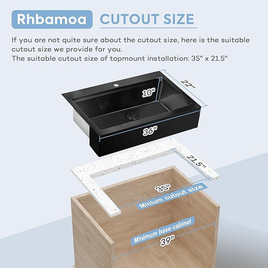 Rhbamoa 36 Inch Black Farmhouse Sink,16 Gauge T304 Black Single Bowl Apron Front Farm Sink,10 Inch Depth Topmount Farmhouse Kitchen Sinks with All Accessories