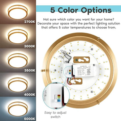 LUXRITE 12 Inch LED Flush Mount Ceiling Light, 5 Color Selectable 2700K | 3000K | 3500K | 4000K | 5000K, Dimmable Ceiling Light Fixture, 14W, 1120 Lumens, Energy Star, ETL Listed, Brushed Brass