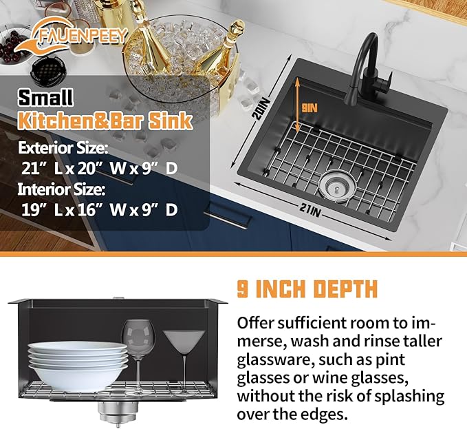 Black Kitchen Sink Workstation,21x20 In Stainless Steel Drop In Single Bowl Bar Sink Built-in Ledge Small Topmount Workstation Sink With Accessory-SS Grid Cutting Board,Silicon Mat,Drain Assembly