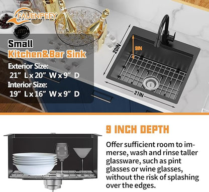 Black Kitchen Sink Workstation,21x20 In Stainless Steel Drop In Single Bowl Bar Sink Built-in Ledge Small Topmount Workstation Sink With Accessory-SS Grid Cutting Board,Silicon Mat,Drain Assembly