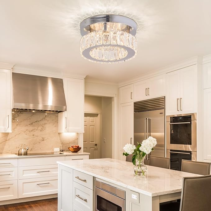 Modern Crystal Chandelier Mini Round Flush Mount Ceiling Light Fixture Small LED Crystal Ceiling Light for Hallway Foyer Living Room (Warm White)
