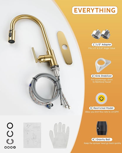 Gold Kitchen Faucet with Pull Down Sprayer: WOWOW High Arc Single Handle Classic Stainless Steel Sink Faucet 1 or 3 Hole,Kitchen Sink Faucet Suitable for Farmhouse Camper Laundry Rv Bar