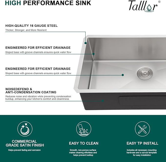 Undermount Kitchen Sink - 33 Inch Undermount 16 Gauge Stainless Steel Kitchen Sink Under Counter Single Bowl Sinks Round Corner, 33"x19"x9" #TLU-0024