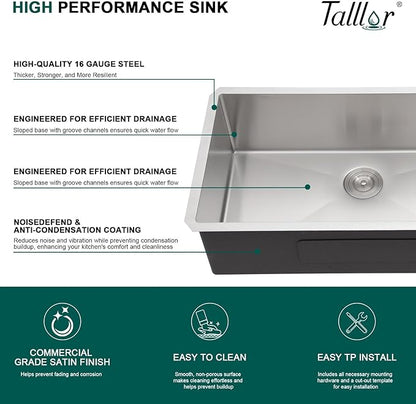 Undermount Kitchen Sink - 33 Inch Undermount 16 Gauge Stainless Steel Kitchen Sink Under Counter Single Bowl Sinks Round Corner, 33"x19"x9" #TLU-0024