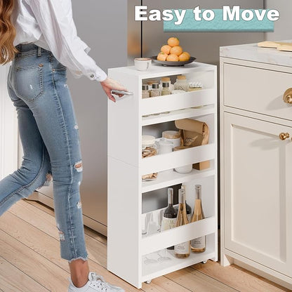MARTY Rolling Storage Cart 7.9" W, 4-Tier Kitchen Cart with Wheels Handle, Slim Storage Cart Mobile Shelving Utility Carts for Bathroom Laundry Room Organization Narrow Places (All White)