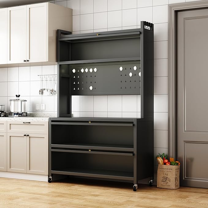 Runboll Kitchen Pantry Cabinet Storage with Microwave Shelf 5 Tier Metal Sideboard Baker's Rack Coffee Bar Hutch Buffet Laundry Storage, with Wheels & Hooks