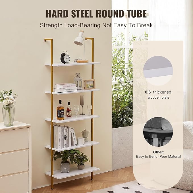 VEVOR Ladder Shelf, 5-Tier Bookshelf 24x11.8in, Open Wall-Mounted Ladder Shelf with Metal Frame,Storage Rack Sundries Holder for Kitchen Bedroom Bathroom Living Room, Gold White