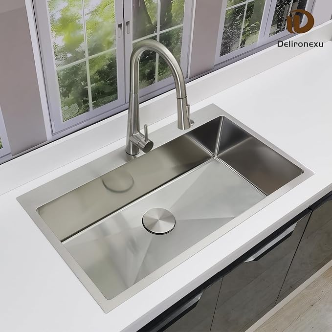 33x19 Drop in Kitchen Sink - Delironexu 16 Gauge Stainless Steel Sinks Top Mount, 33 Inch Drop in Kitchen Sink Single Bowl with 3 Accessories Package