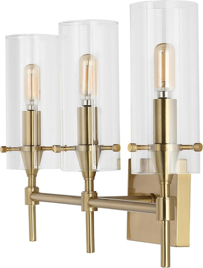 JONATHAN Y 21.25" Brass Gold/Clear Modern Farmhouse LED Vanity Light Sconce, Clear Glass Cylinder Shade, Wall Lamp for Bathroom Mirror Hallway Entryway, LED Bulb Included (JYL7807C)