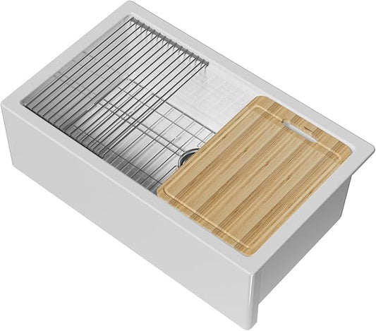 Miuara Self Trimming Farmhouse Workstation Sink 33 Inch - Tall Apron Front Fireclay Kitchen Sink 33"x20"x10", Dual Mount: Undermount & Topmount, Farm House Style Single Bowl, Glossy White, for Kitchen