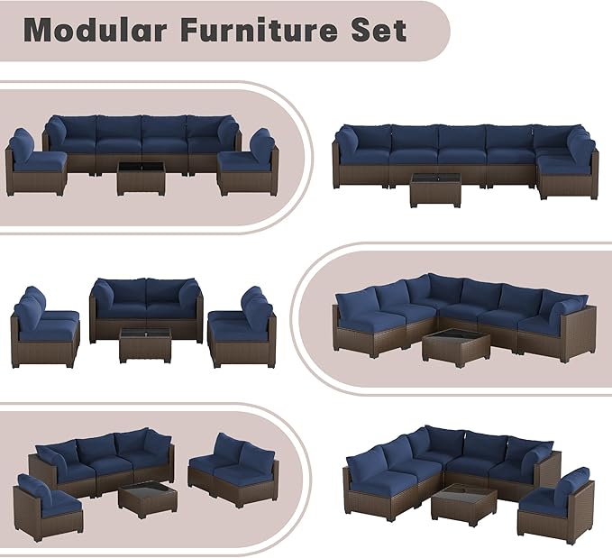 Patio Furniture Set, 7-Piece Outdoor Sectional Couch with Coffee Table & Thick Cushions, Outdoor Wicker Conversation Set for Backyard, Poolside, Garden (Brown-Navy, 7 Piece-Single)