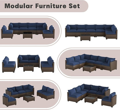 Patio Furniture Set, 7-Piece Outdoor Sectional Couch with Coffee Table & Thick Cushions, Outdoor Wicker Conversation Set for Backyard, Poolside, Garden (Brown-Navy, 7 Piece-Single)