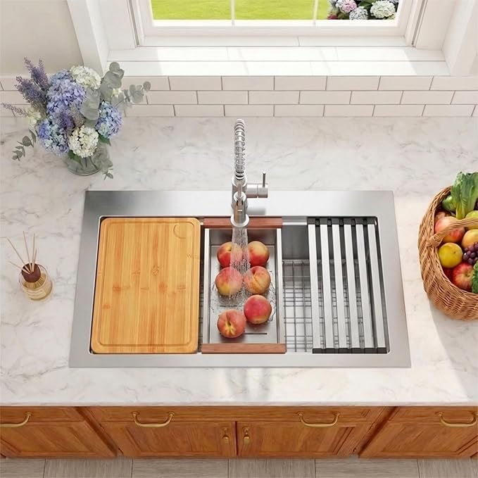 Drop In Kitchen Sink 33" X 22",Top Mount 16 Gauge Stainless Steel Workstation Sink,Deep & Large Single Bowl Kitchen Sinks
