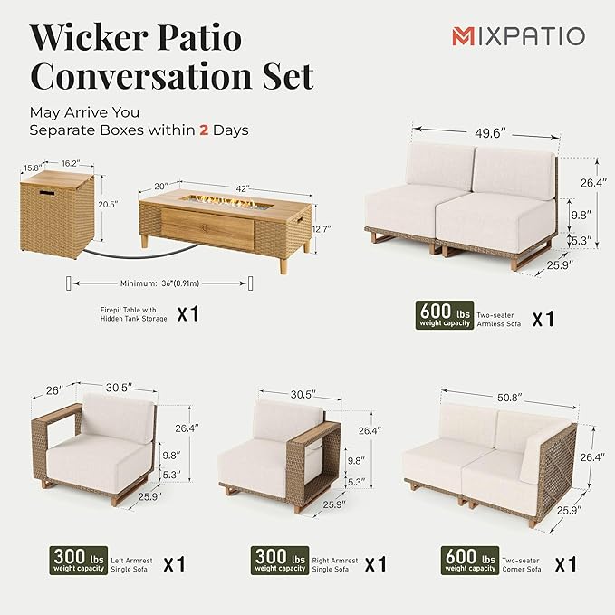 MIXPATIO Patio Sectional Furniture Set with Fire Pit, 6 Seats Outdoor Wicker Sofa, Yellow Rattan Modular Conversation Sets with 10" Thick Cushions, L Shape Low Profile Lawn Deck Garden Furniture