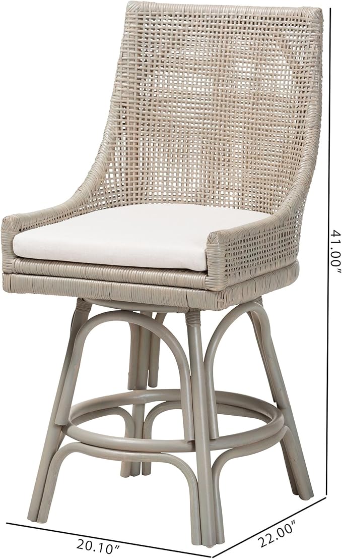 Bali & pari Bella Swivel Rattan Counter Stool with Cushion - Handwoven Wicker Kitchen Island Seating with Backrest and Footrest, French Grey