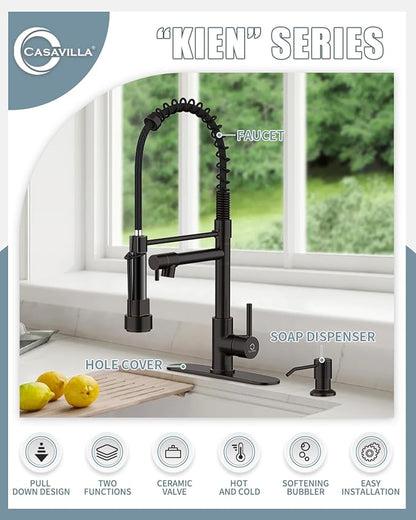 Kitchen Faucet,Oil Rubbed Bronze Faucet with Soap Dispenser,Black Kitchen Faucets with Pull Down Sprayer,Kitchen Sink Faucet with Dual Function Spray Head for 1-4 Holes Kitchen Sink