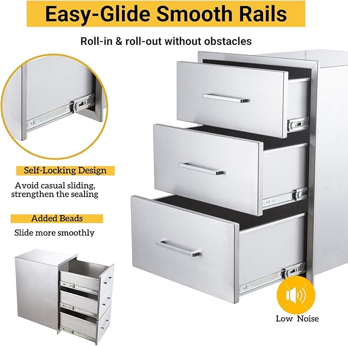 Outdoor Kitchen Drawers, 17" W x 18" D x 24" H Stainless Steel Triple Access BBQ Drawer, Flush Mount Enclosed Drawer with Handle for Outdoor Kitchens & BBQ Islands, No Installation Required