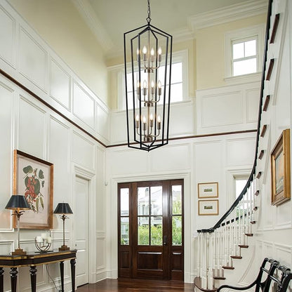 Lanhall 12-Light Lantern Tired Foyer Entryway Hanging Lights Farmhouse High Ceiling Pendant Lights Industrial Chandelier for Hall Foyer Entryway Living Room-Brushed Nickel