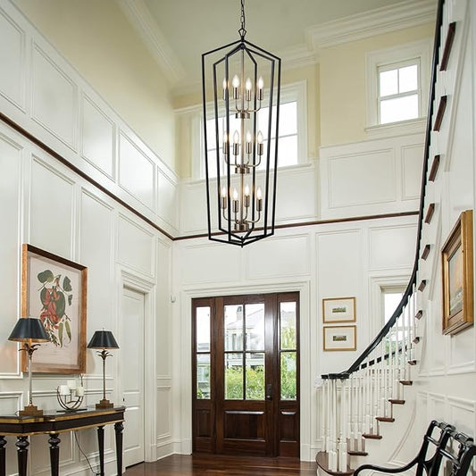 Lanhall 12-Light Lantern Tired Foyer Entryway Hanging Lights Farmhouse High Ceiling Pendant Lights Industrial Chandelier for Hall Foyer Entryway Living Room-Brushed Nickel
